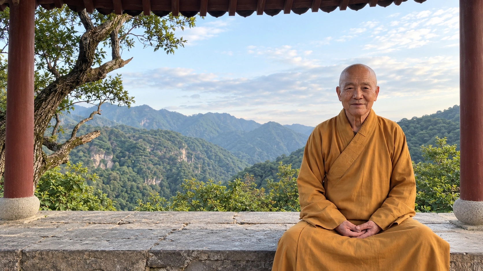 Personagem contemplativo, um monge idoso de expressão tranquila
